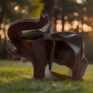 Hand Carved Elephant Dark Wood Sculpture Trunk Up‎ Number On Foot Estate Find
